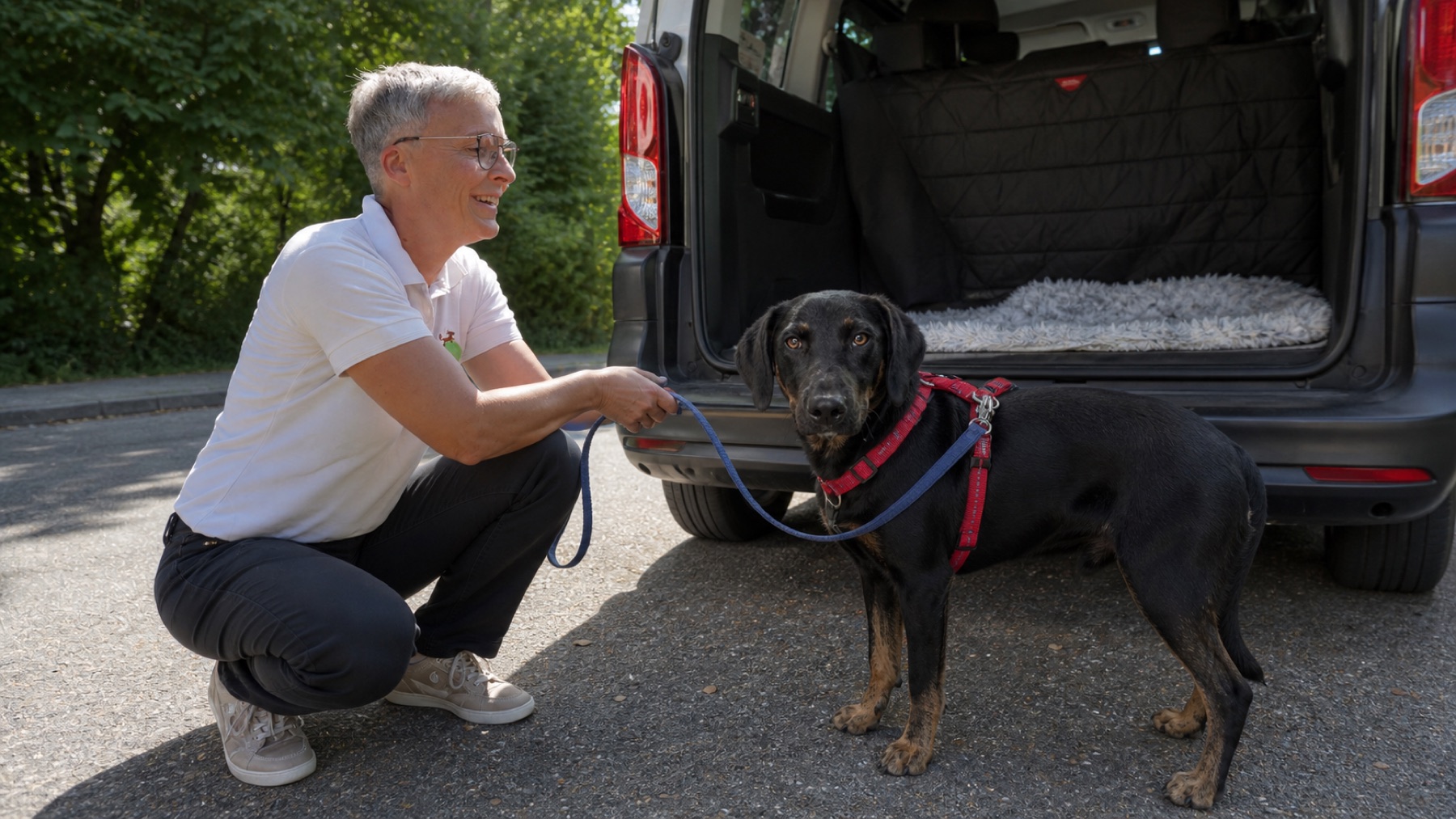 Mitarbeiterin begleitet einen vollständig sichtbaren gesicherten Hund am Einsatzfahrzeug.