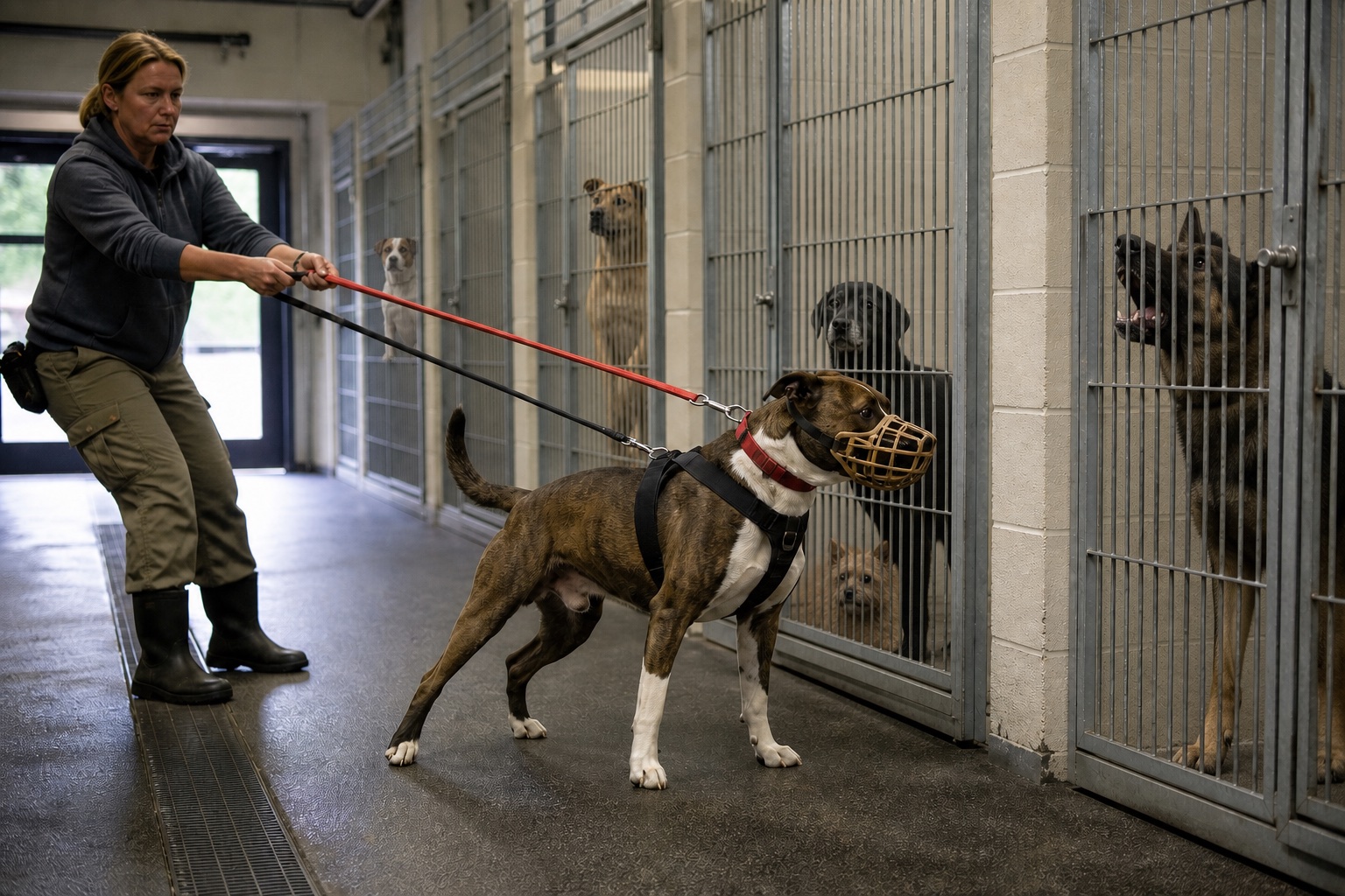 Konzeptmotiv eines vollständig sichtbaren kräftigen Hundes mit Korbmaulkorb und zwei Sicherungsleinen; in den geschlossenen Zwingern dahinter sind mehrere weitere Hunde untergebracht.