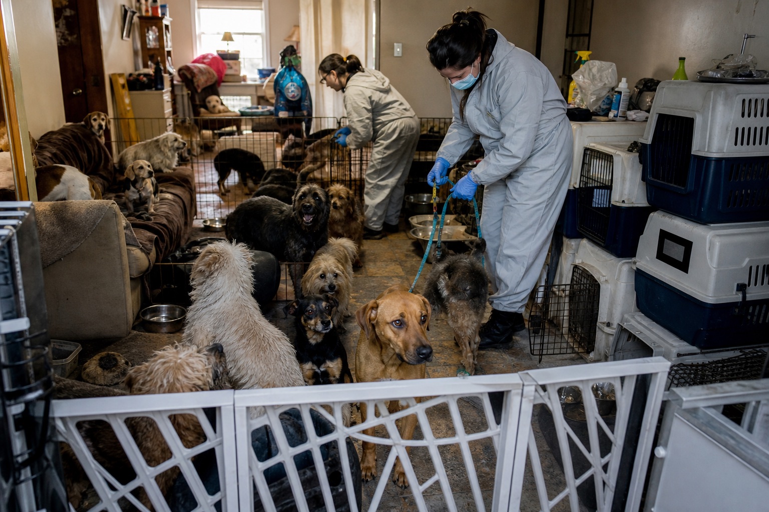 Konzeptmotiv einer überfüllten Wohnung mit vielen Hunden, Transportboxen, Absperrungen und zwei koordinierenden Fachkräften.