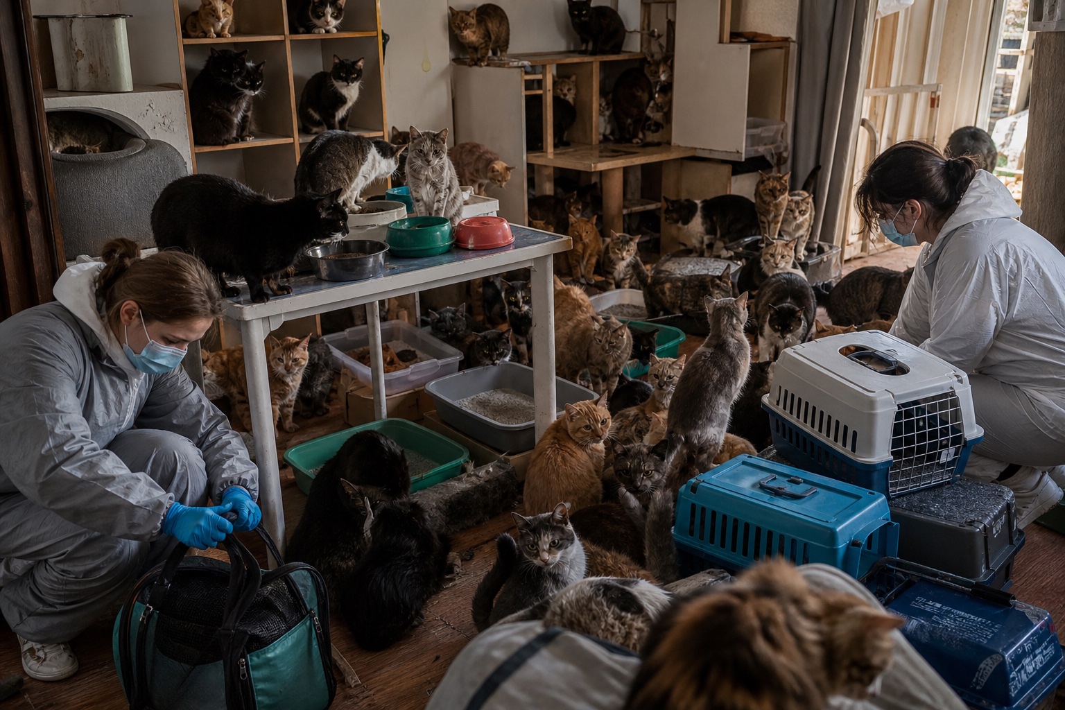 Konzeptmotiv einer überfüllten Wohnung mit zahlreichen Katzen, Katzentoiletten, Transportboxen und zwei koordinierenden Fachkräften.