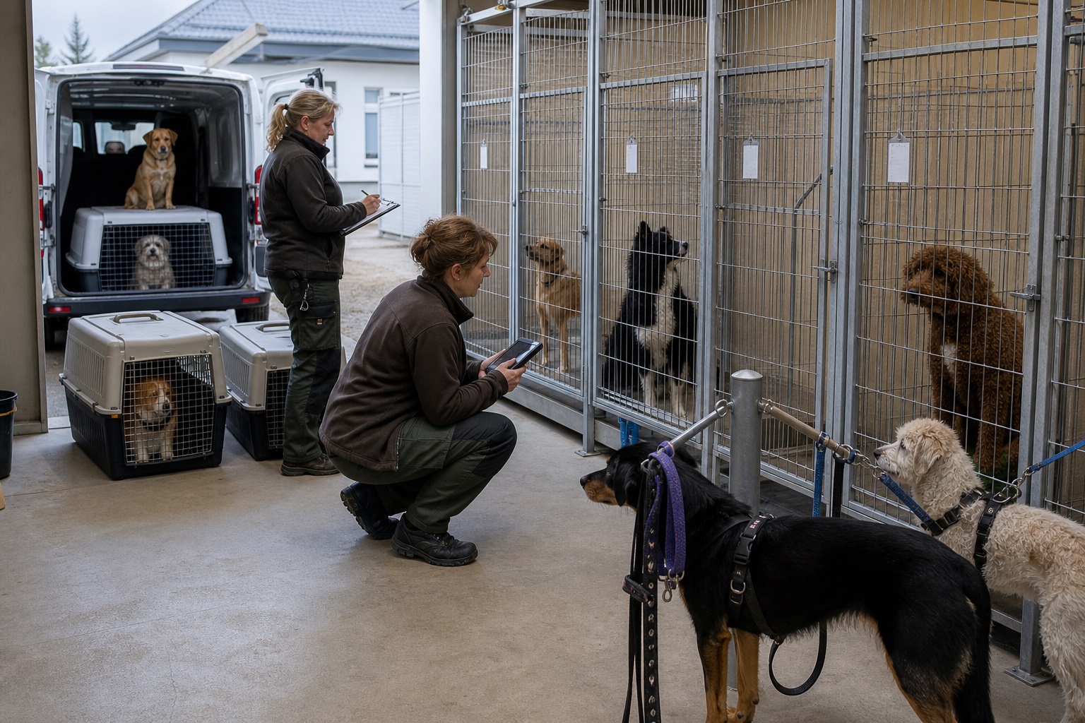 Konzeptmotiv einer kontrollierten Mehrtieraufnahme mit mehreren getrennt untergebrachten Hunden und zwei koordinierenden Fachkräften.