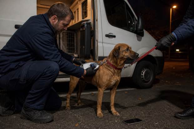 Chipprüfung bei einem gesicherten Hund am Einsatzfahrzeug