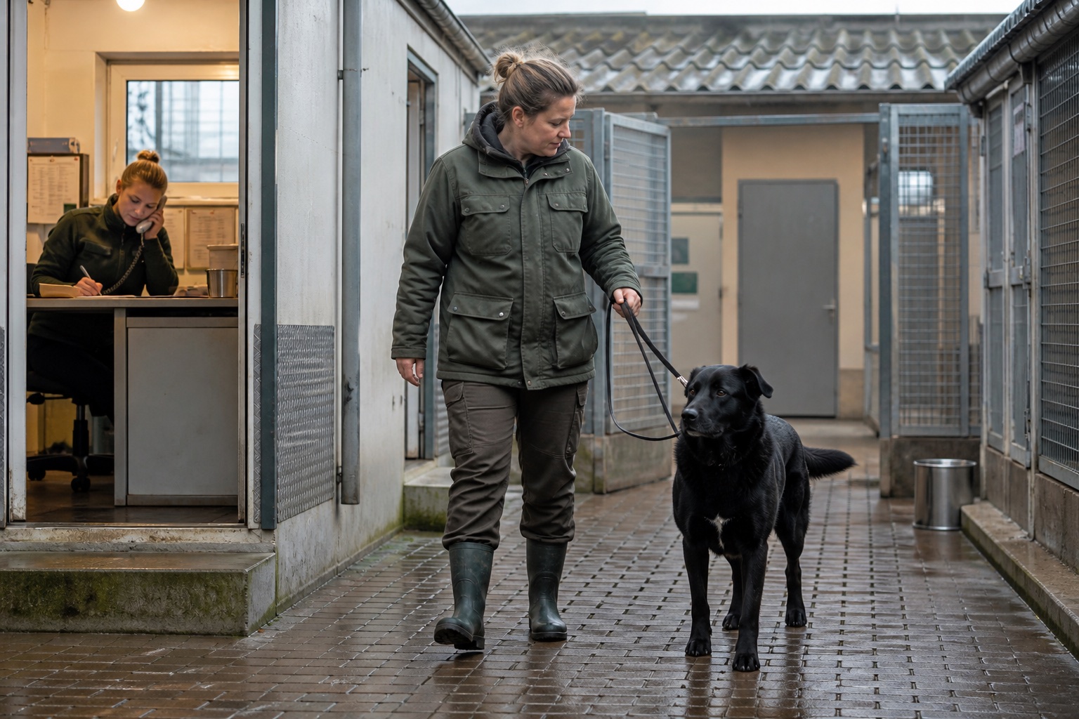 Synthetisches Konzeptmotiv eines vollständig sichtbaren schwarzen Hundes mit Tierheimmitarbeiterin im Zwingergang, während im Büro ein Telefonat geführt wird.