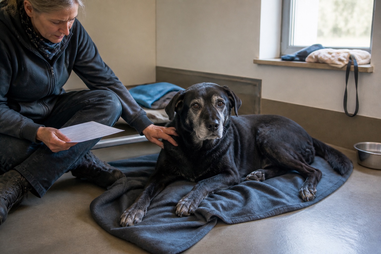 Synthetisches Konzeptmotiv eines vollständig sichtbaren alten schwarzen Hundes mit grauer Schnauze und einer betreuenden Tierheimmitarbeiterin.