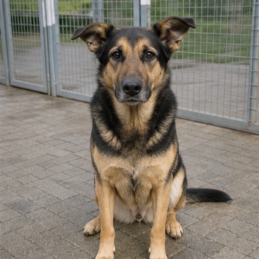 Synthetisches Demo-Profil von Milo, einem Hund in einer tierheimtypischen Umgebung