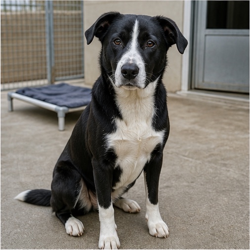 Synthetisches Demo-Profil von Rudi, einem Hund in einer tierheimtypischen Umgebung