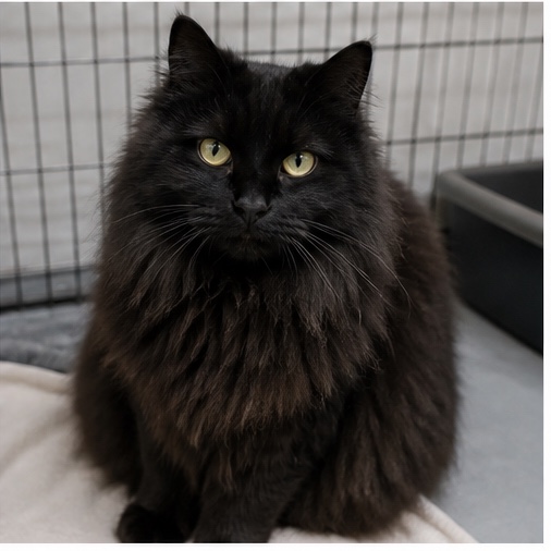 Synthetisches Demo-Profil von Momo, einer Katze in einer tierheimtypischen Umgebung