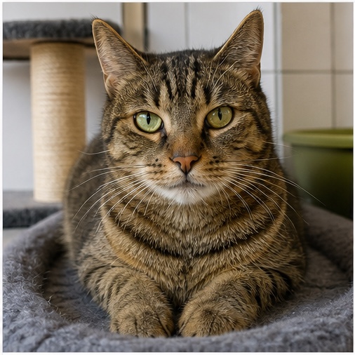 Synthetisches Demo-Profil von Toni, einer Katze in einer tierheimtypischen Umgebung