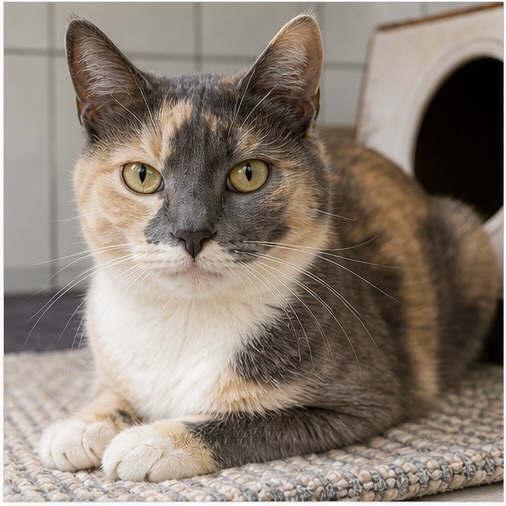 Synthetisches Demo-Profil von Pünktchen, einer Katze in einer tierheimtypischen Umgebung