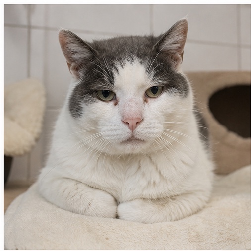 Synthetisches Demo-Profil von Lucy, einer Katze in einer tierheimtypischen Umgebung