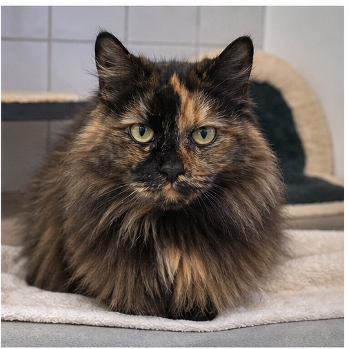 Synthetisches Demo-Profil von Minou, einer Katze in einer tierheimtypischen Umgebung