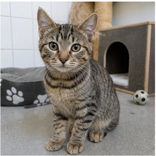 Synthetisches Demo-Profil von Simba, einer Katze in einer tierheimtypischen Umgebung