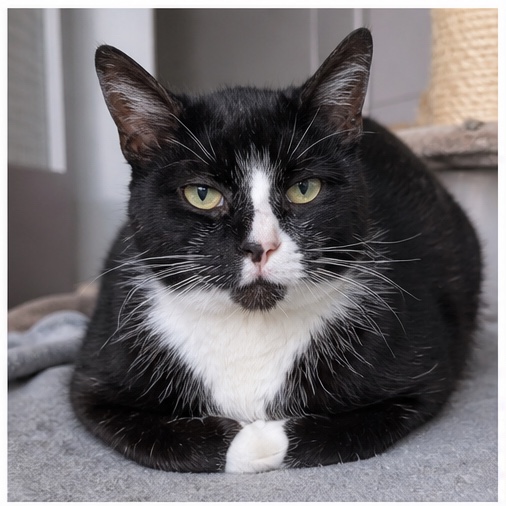 Synthetisches Demo-Profil von Merlin, einer Katze in einer tierheimtypischen Umgebung