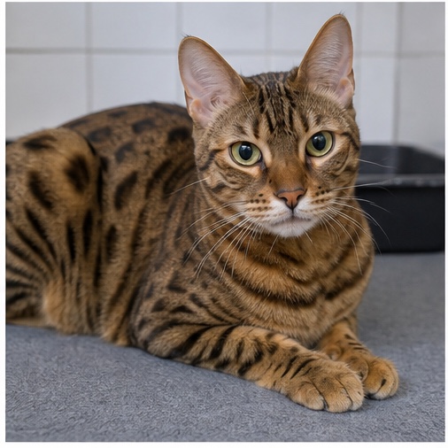 Synthetisches Demo-Profil von Mara, einer Katze in einer tierheimtypischen Umgebung